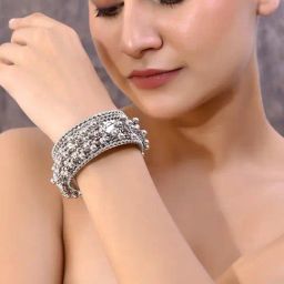 VOJ Silver-Plated Ghungroo Studded Oxidized Cuff Bracelet for Women-25