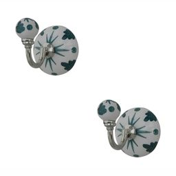 IndianShelf Green & White 2 Pieces Ceramic Floral Wall Hanger Key Hooks-4