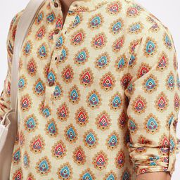 Anouk Rustic Band Collar Ethnic Motifs Printed Roll-Up Sleeves Kurta image 3