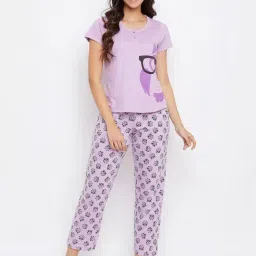 Clovia Purple & Black Printed Top With Pyjama Set-picture-1