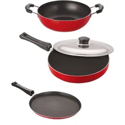 Nirlon Non-Stick Red Aluminium Tawa Fry Pan & Kadai Combo Set of 3 Piece - (2.6mm)-21