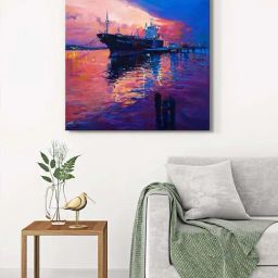 999Store Blue & Purple Canvas Majestic Ship At Sunset Wrapped Painting-6