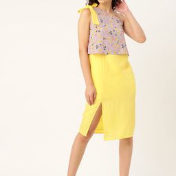 DODO & MOA Women Yellow & Lavender Solid One-Shoulder Layered A-Line Dress-image-34