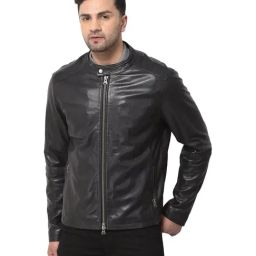 Woods Black Mandarin Collar Leather Jacket-image-32