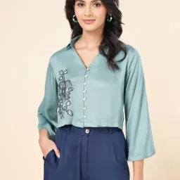 Akkriti by Pantaloons Blue Modal Embroidered 3/4th sleeve Shirt-image-96