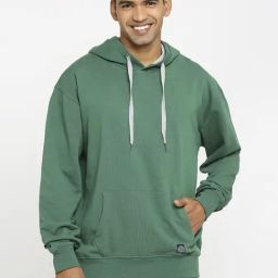 Basics Green Cotton Comfort Fit Hooded Sweatshirt-image-15