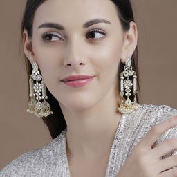 Rubans Gold-Plated & White Kundan & Pearls Studded Classic Drop Earrings-14