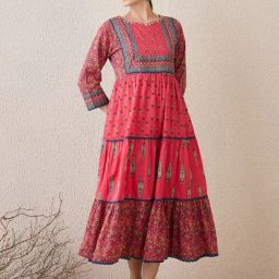 Indo Era Red Cotton Regular Fit Printed Kurta-8
