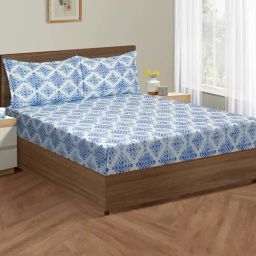 Swayam Dona Geometric Blue 160 TC Cotton King Bedsheet with 2 Pillow Covers-image-24