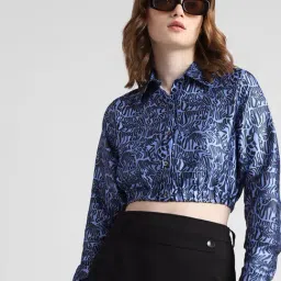 Only Blue & Black Printed Crop Shirt-image-60