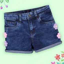 Kiddopanti Girls Blue Denim Applique Regular Fit Shorts-image-6