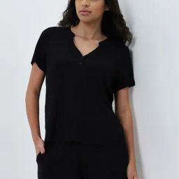 Wunderlove by Westside Black Supersoft Ribbed Textured Henley Top-image-56