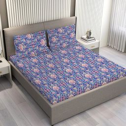 Layers Blue & Pink Ethnic Motifs 144 TC Queen Bedsheet with 2 Pillow Covers-image-4