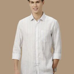 Linen Club White Linen Contemporary Fit Striped Shirt-image-92
