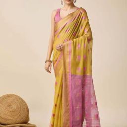 Satrani Mustard Yellow & Pink Cotton Silk Woven Saree With Unstitched Blouse-picture-21