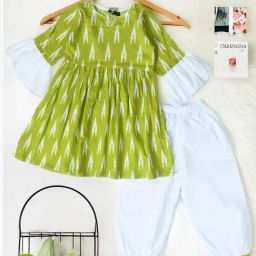 Bella Moda Kids Green & White Printed Full Sleeves Kurti with Pants-image-78