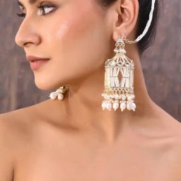 VOJ Gold Plated Handcrafted Pearls Beaded Chandbali Earrings with Kan Chain for Women-7