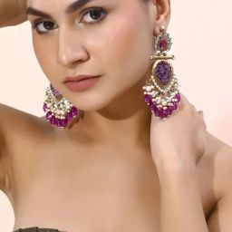 VOJ Gold Plated Purple Colour Drop and Dangle Statement Earrings for Women-image-31