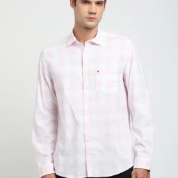Turtle Light Pink Cotton Slim Fit Chequered Shirt-image-61
