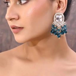 VOJ Silver Plated Kundan Earrings with Teal Colour Pearls for Women-image-84
