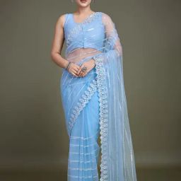 Monjolika Fashion Light Blue Embellished Saree With Unstitched Blouse-image-34