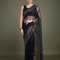 Monjolika Fashion Black Embellished Saree With Unstitched Blouse-picture-29