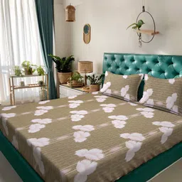 Myntra Elegant Homes Mustard & White Floral 400 TC King Bedsheet with 2 Pillow Covers-image-34