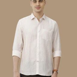 Linen Club Pink Linen Contemporary Fit Striped Shirt-image-99