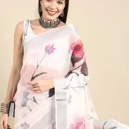 Anouk White Floral Printed Linen Blend Saree-image-50