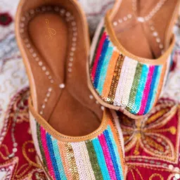 Sangria Women Embroidered Round Toe No Back Strap Leather Embellished Flats Mojaris-image-37