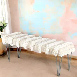Ikiriya Beige Sheesham Wood 3-Seater Bench With Metal Legs & Fringes-image-15