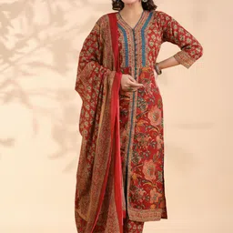 KALINI Women Floral Printed Regular Thread Work Pure Cotton Kurta with Palazzos & Dupatta-43