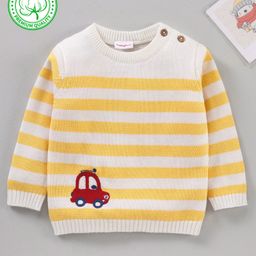 Babyhug 100% Organic Cotton Full Sleeves Stripe Sweater Car Embroidery - Off White Yellow-picture-24