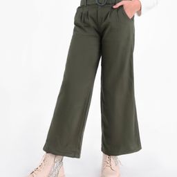 Pine Kids Full Length Solid Trousers with Frill Waistband and Belt - Olive Green-image-3