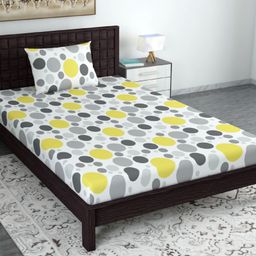 Divine Casa Polka Dots Cotton Single Bedsheet with 1 Pillow Cover - Pale Lime Yellow & Grey-19