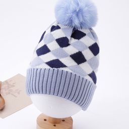 Babyhug Pom Pom Acrylic Woollen Checked Cap Large Size - Blue-image-80
