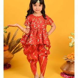 Saka Designs Cotton Woven Half Sleeves Kurta & Salwar Set Zari Design - Red & Gold-image-19