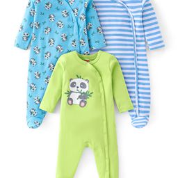Babyhug Cotton Knit Full Sleeves Footed Sleepsuit with Panda Print Pack of 3 - Blue & Green-image-28