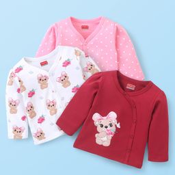 Babyhug 100% Cotton Full Sleeves Vest With Teddy Print Pack Of 3 - White Maroon & Pink-image-10