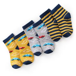 Doodle Poodle Cotton Knit Ankle Length Socks Stripe  & Car Design Pack of 3 - Yellow Grey & Navy Blue-image-50