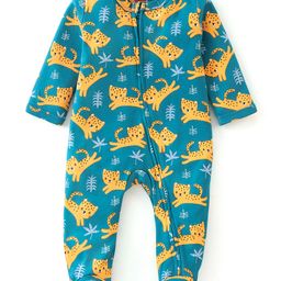 Babyhug Cotton Knit Full Sleeves Sleepsuit With Leopard Print - Blue-image-95