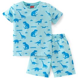 Babyhug Cotton Knit Half Sleeves Night Suit Dino & Text Print- Blue-image-55