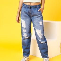 Tales & Stories Mom Fit Distressed Jeans  - Blue-image-86