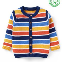 Babyhug Cotton Knitted Full Sleeves Front Open Striped Sweater - Navy Blue-image-44