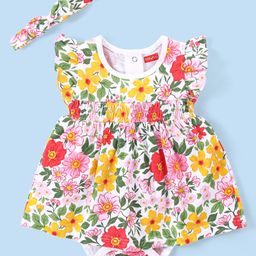 Babyhug 100% Cotton Knit Frill Sleeves Frock Style Onesie with Headband Floral Print - Multicolour-image-94