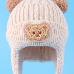 Babyhug Cable Knitted Pom Pom Woollen Cap with Teddy Bear Applique - Beige-image-95