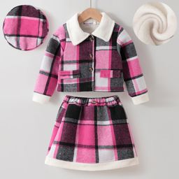 Kookie Kids Full Sleeves Winter Wear Checkered Collared Top & Skirt Set with Pocket Detailing - Multicolour-image-84