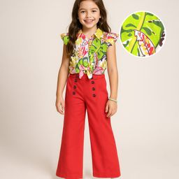 Ollington St. Cotton Knit Flutter Sleeves Tropical Printed Top & Culottes Pant With Button Detailing - Multicolor-image-10