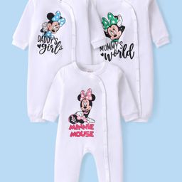 Babyhug Disney Interlock Knit Full Sleeves Front Open Rompers with Minnie Mouse Graphic Pack of 3 -White-image-90