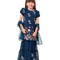 Babyhug Woven Short Sleeve Floral Sequinned Kurti Gharara & Embroidered Dupatta -Teal Blue-image-49